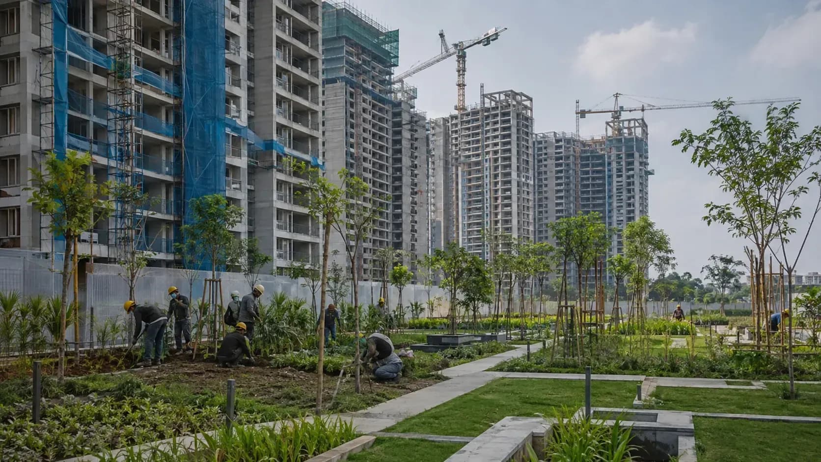 large residential construction site in an Indian city with towers rising and gre