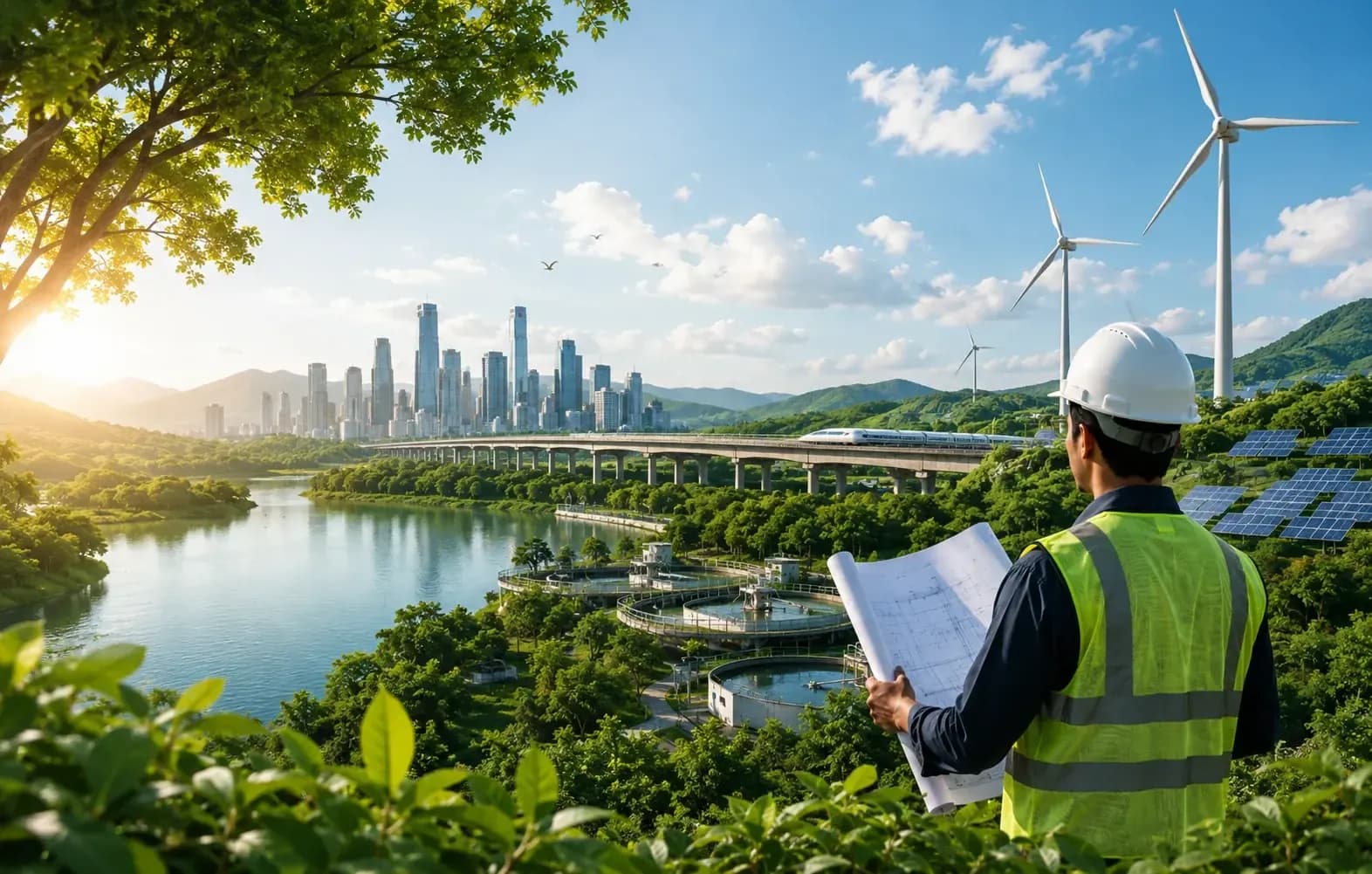 Engineer with rolled drawings looking across a river valley to a city skyline, with a treatment works, wind turbines and a solar array in view