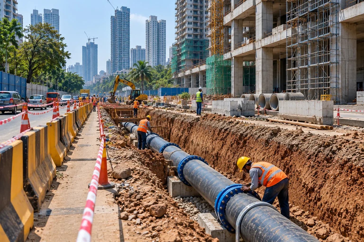 A water main being laid along an urban service road, pipe in an open trench with barricades, a commercial development under construction behind