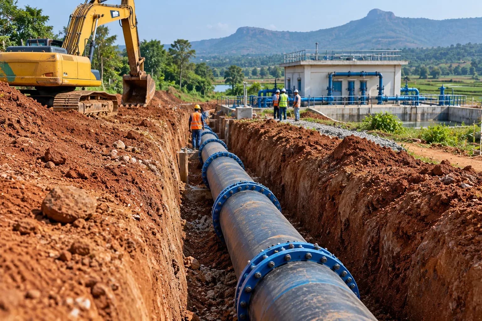A newly laid water main in an open trench through red lateritic soil before backfill, an excavator at the trench edge and a pump house in the middle distance