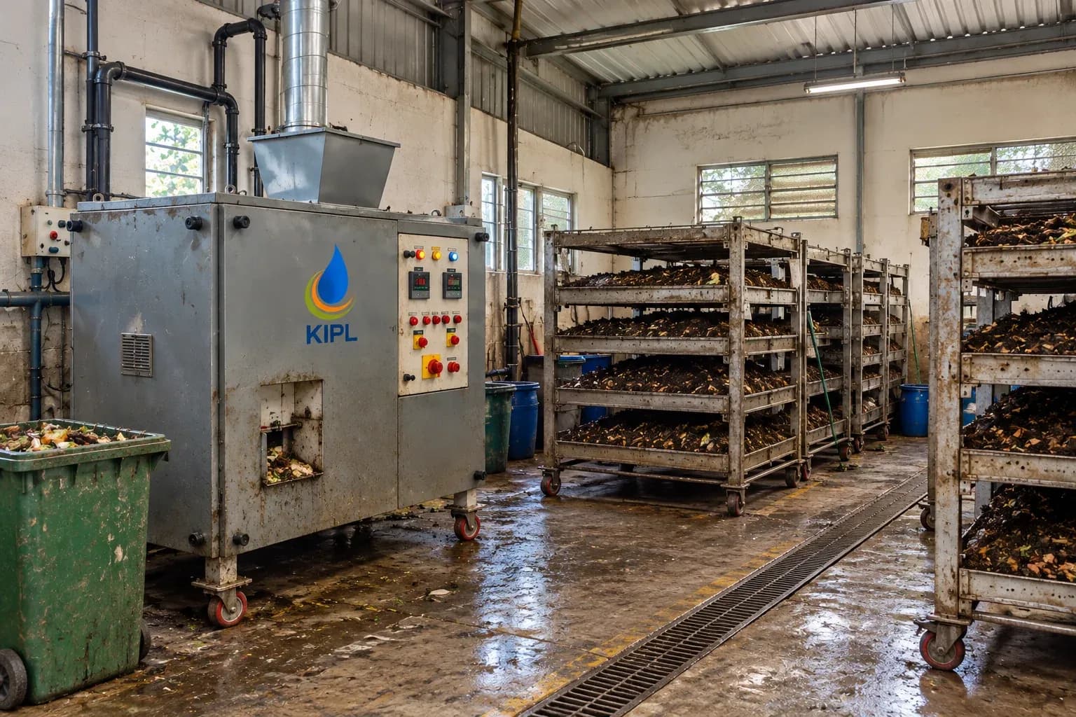 An industrial KIPL organic waste converter with extraction ducting, beside stainless curing racks of composting material in a covered hall