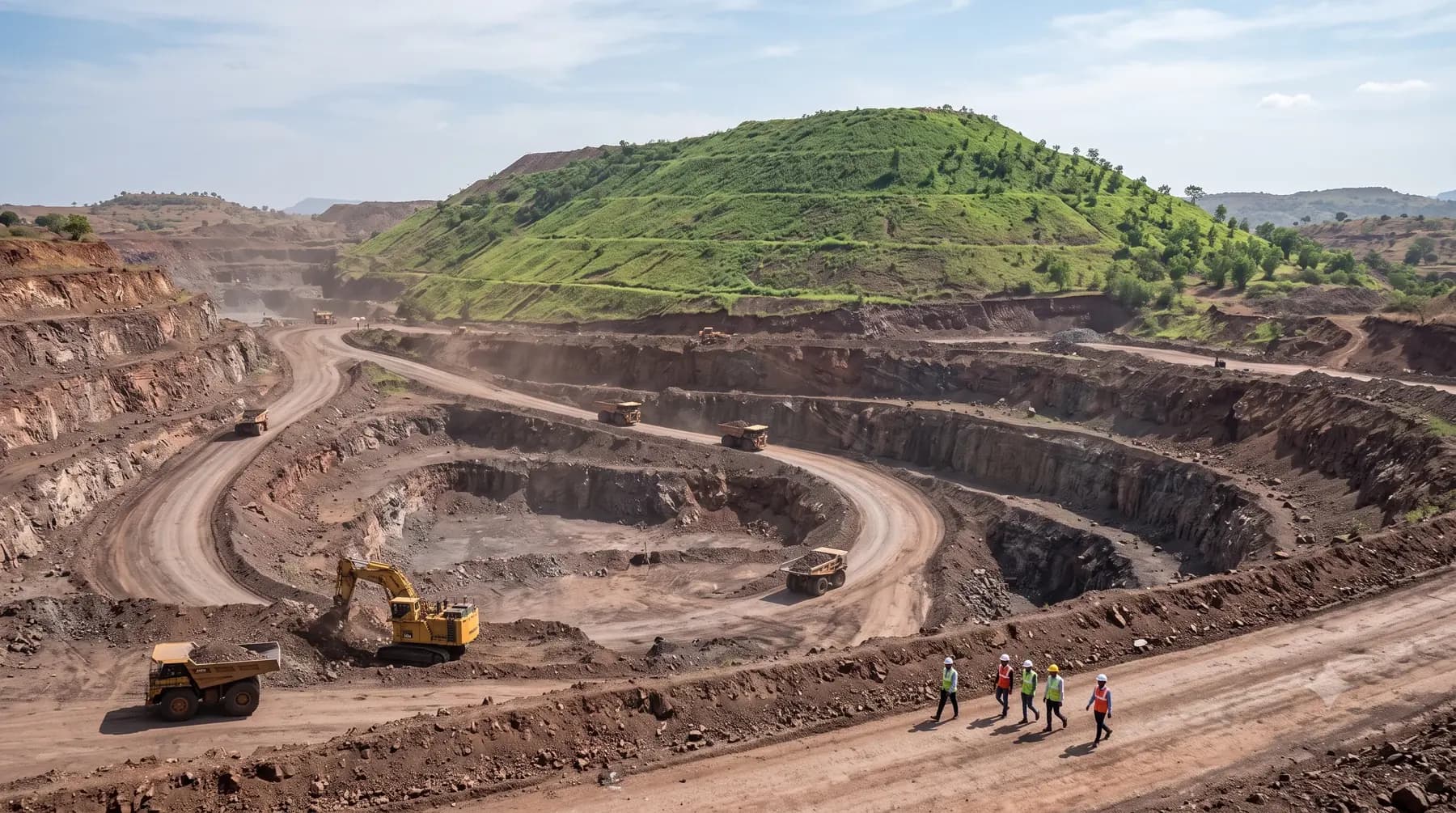 open-cast mine benched pit with haul roads and a rehabilitated green overburden