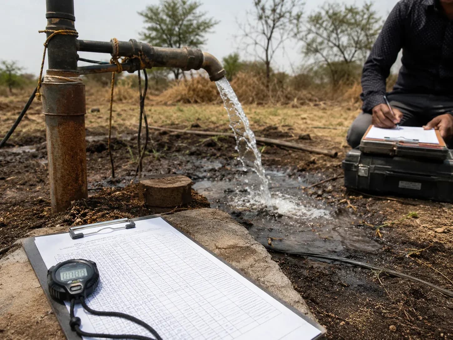 groundwater pumping test in progress with a discharge pipe