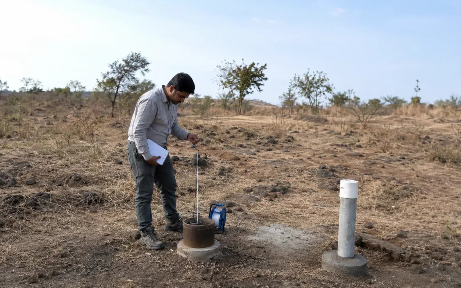 hydrogeologist logging a borewell and piezometer with a water-level meter in a s