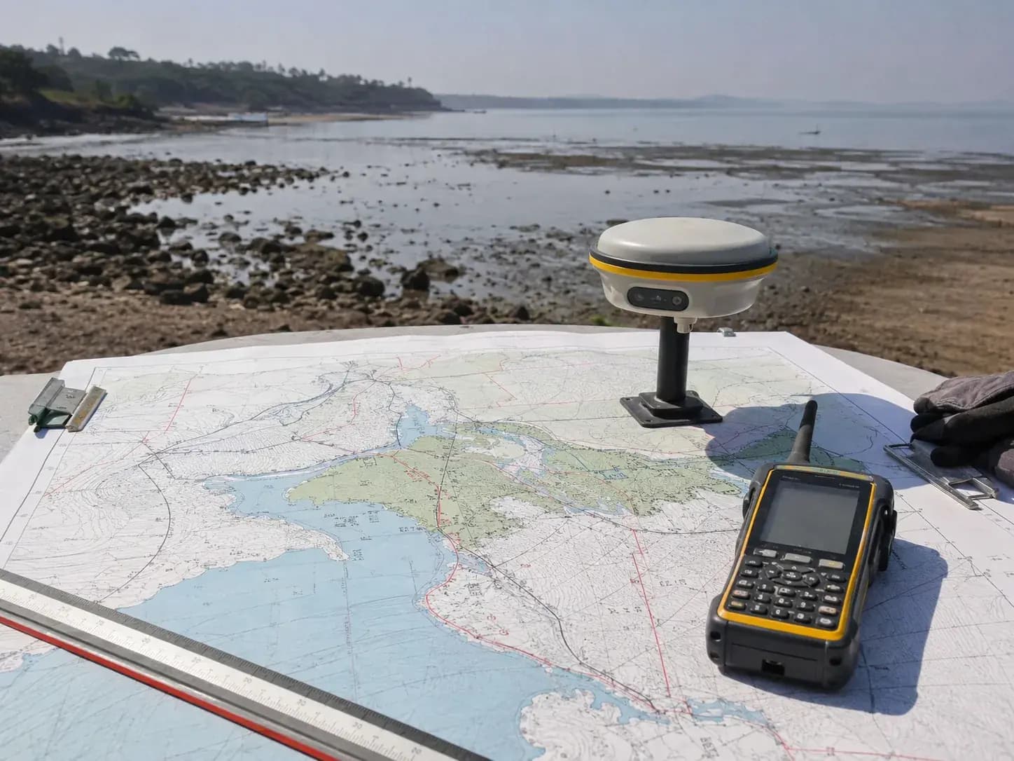 large 1 to 4000 coastal demarcation map spread on a field table with a DGPS unit