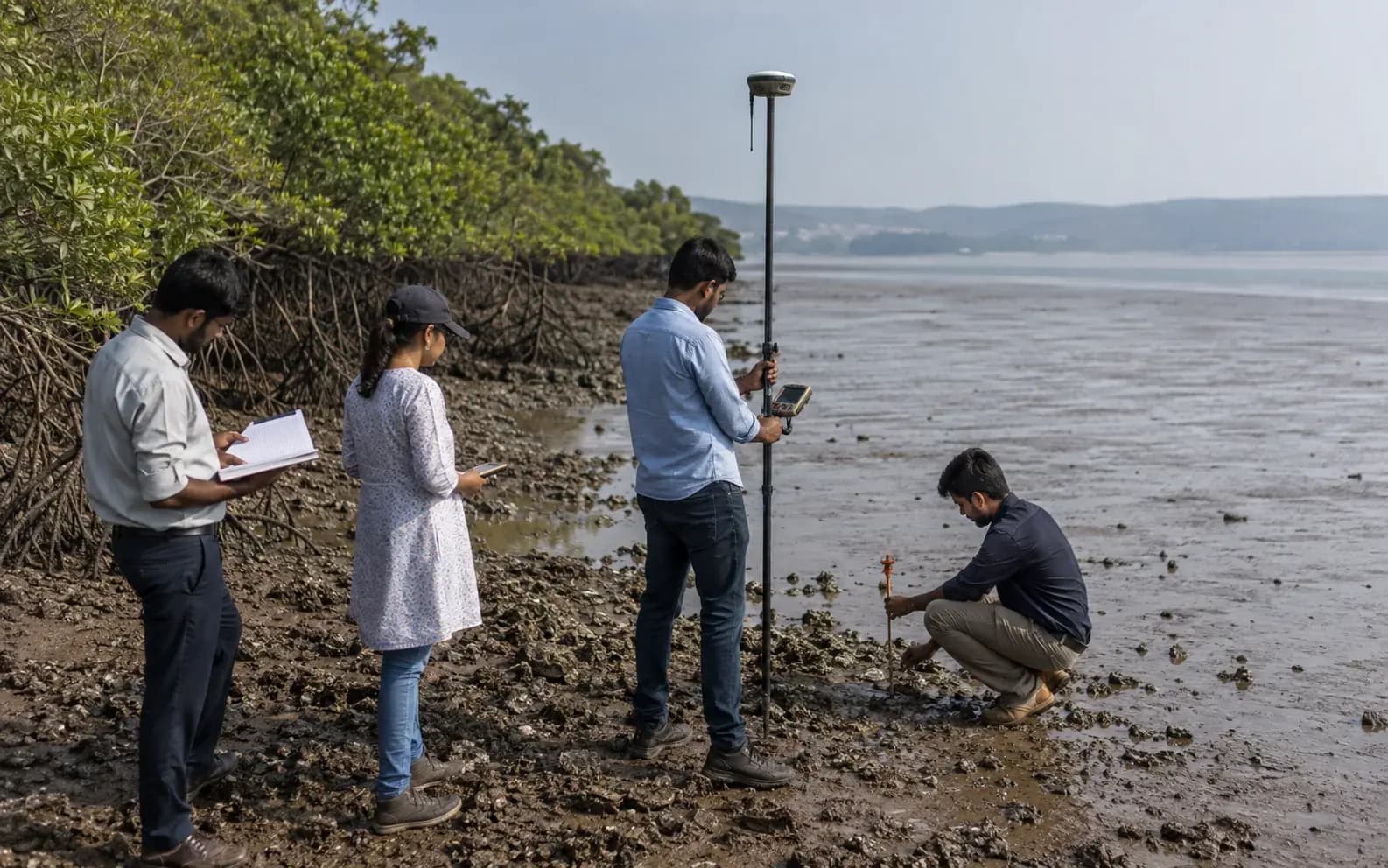 coastal survey team demarcating the Coastal Regulation Zone with a DGPS rover al