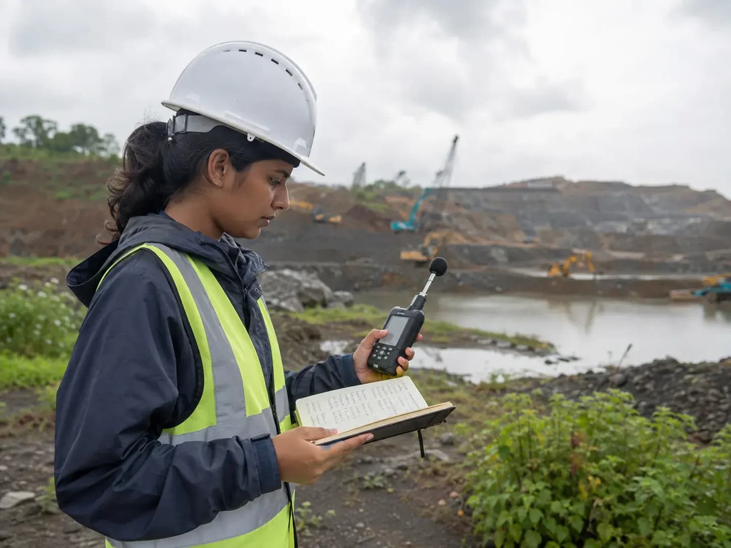 environmental scientist collecting ambient baseline data in the field with a han