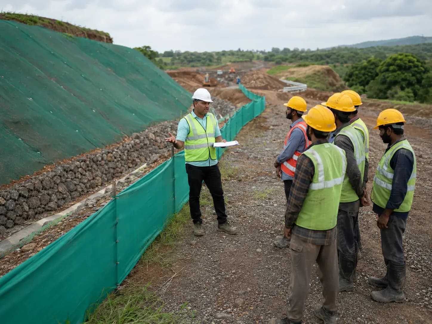 EHS officer giving a toolbox environmental and safety briefing to a construction
