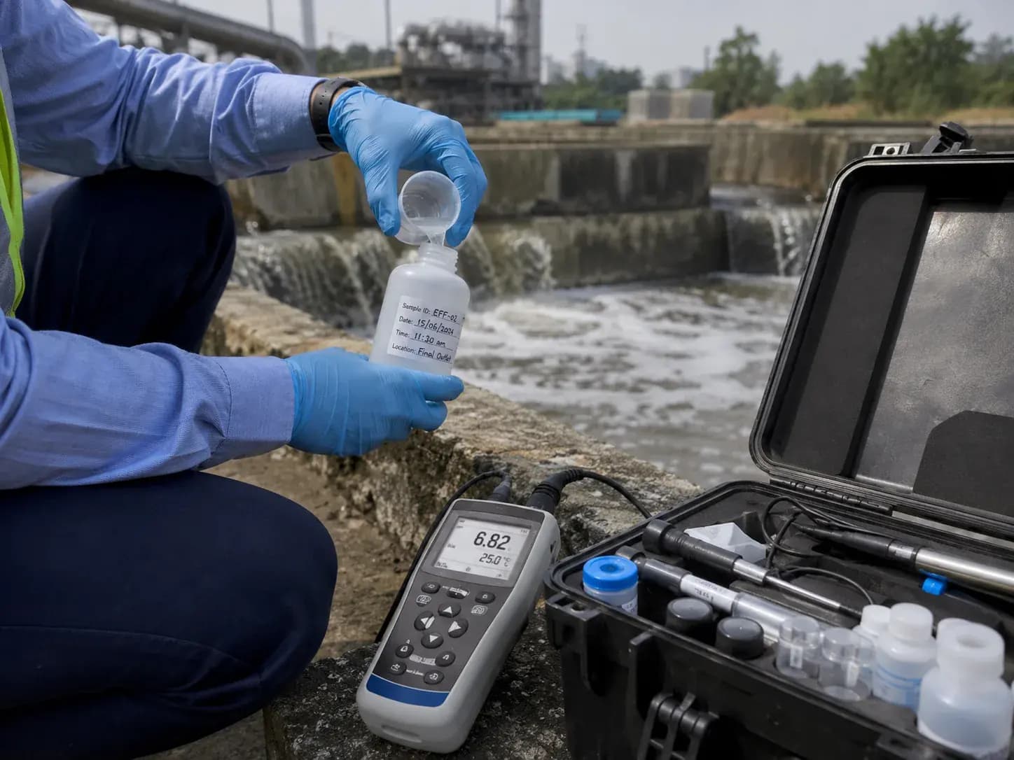 gloved hands collecting a water sample into a labelled bottle at an effluent cha