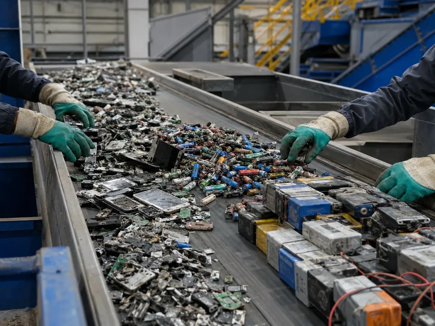 sorted e-waste and battery streams moving on a conveyor at a recycling plant