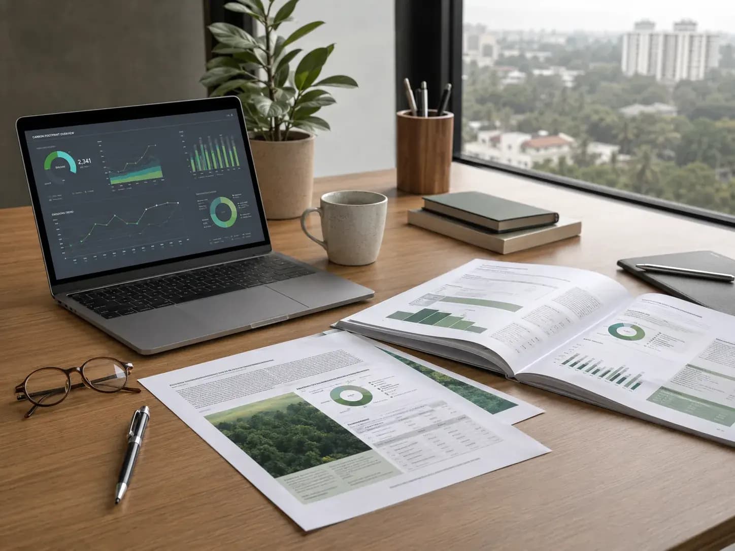 carbon-footprint dashboard and a BRSR report shown on a laptop and printed sprea