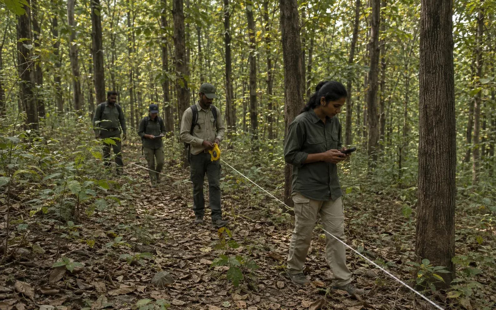 forest survey crew walking a transect through a Western Ghats deciduous teak for
