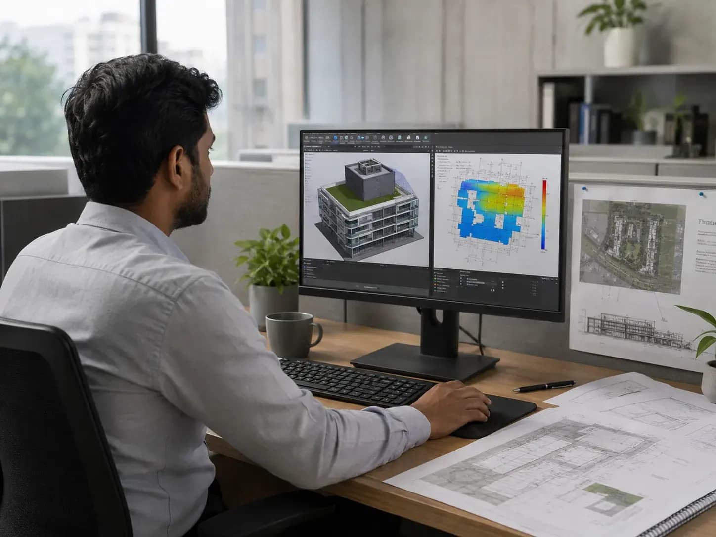 energy-modelling engineer at a workstation with a three-dimensional building ene