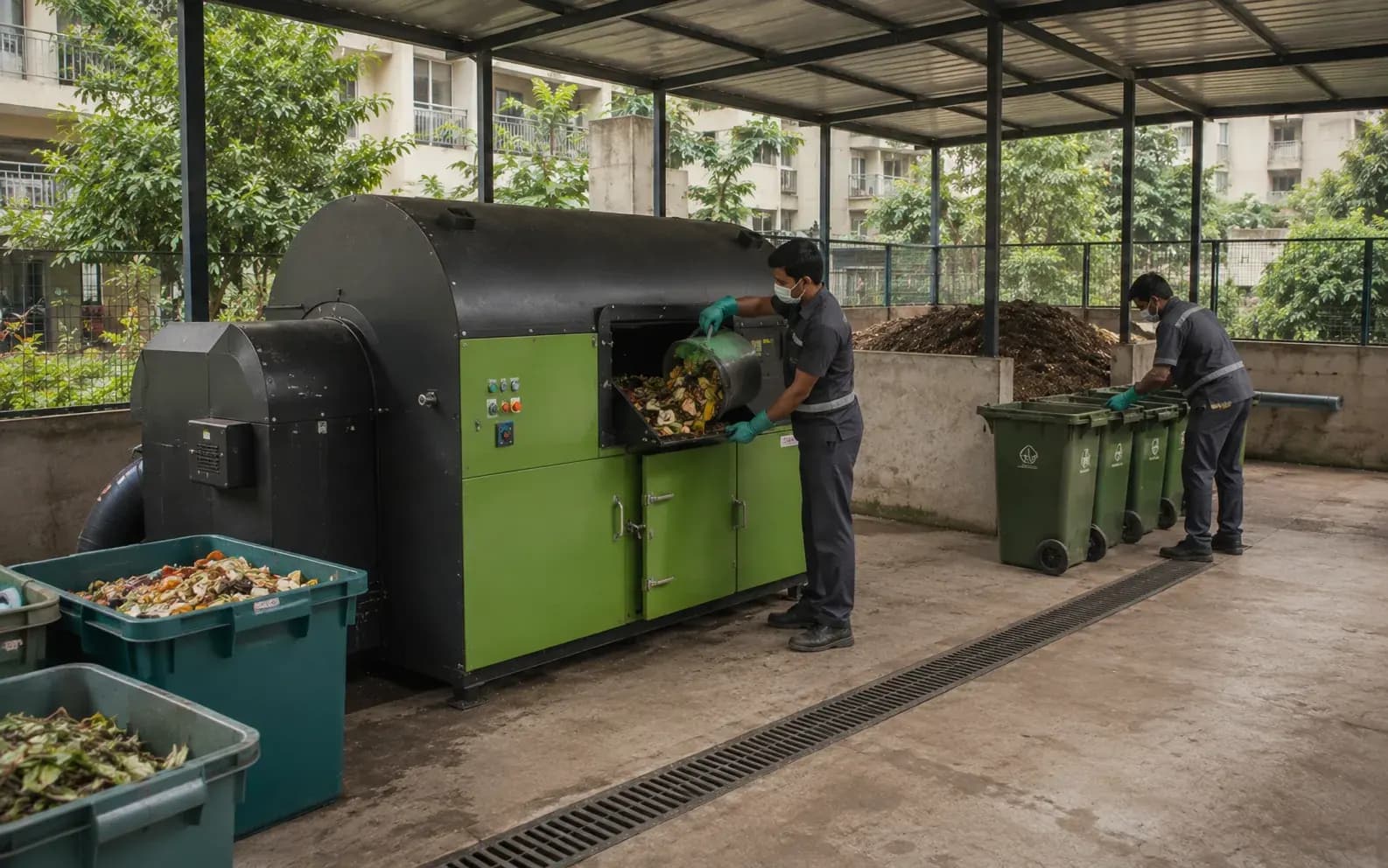 organic-waste converter machine at a housing-society kitchen-waste yard