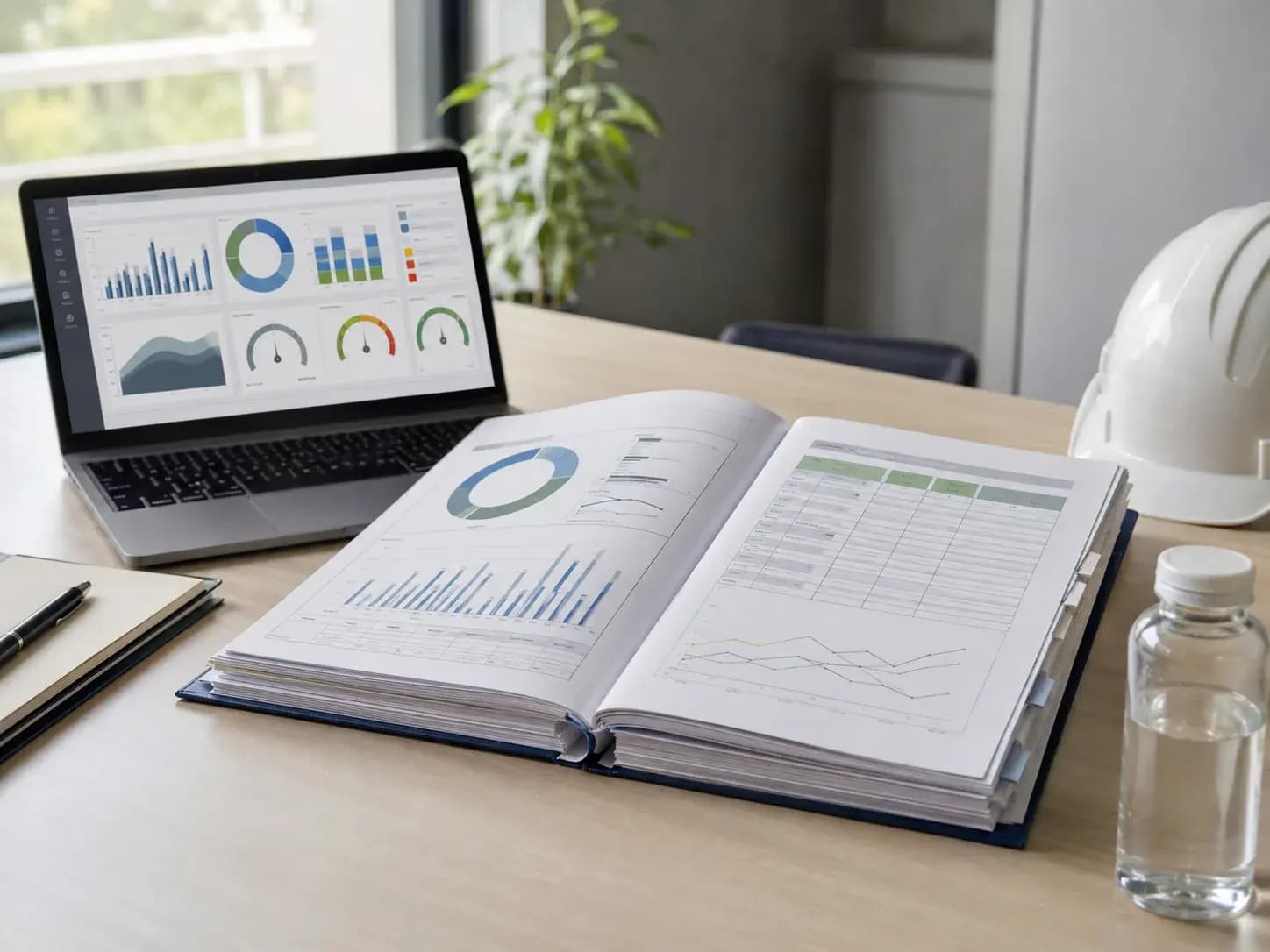 half-yearly compliance dossier open beside a laptop showing a generic environmen