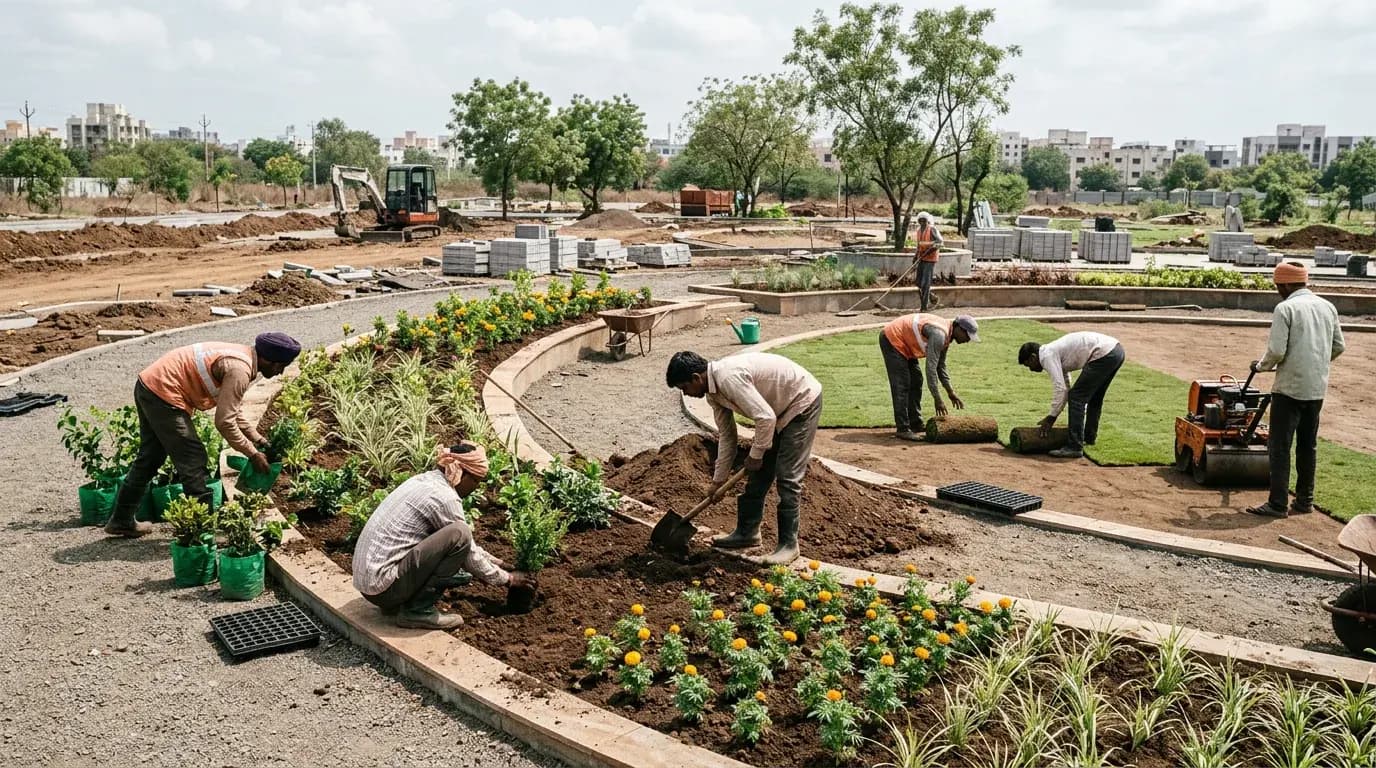 landscaping crew laying out a new public park