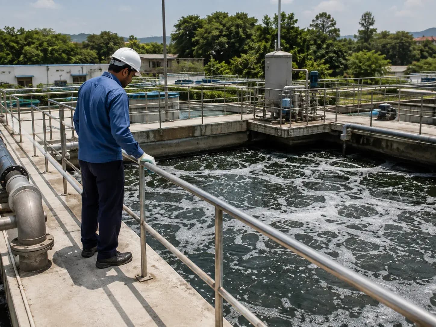 operator on the walkway of a sequencing-batch-reactor STP checking an aeration t