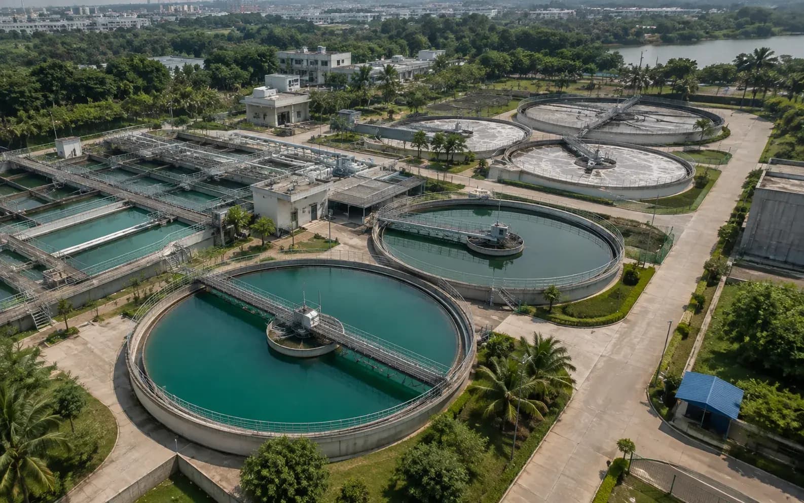 aerial of a modern sewage treatment plant with circular aeration and clarifier t