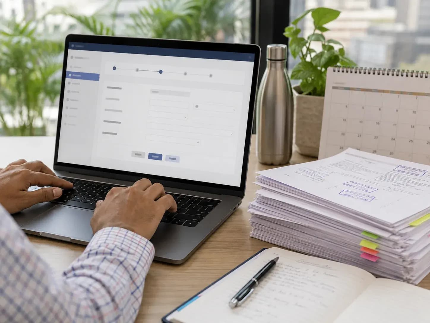 hands at a laptop submitting a form on a generic government-style web portal bes