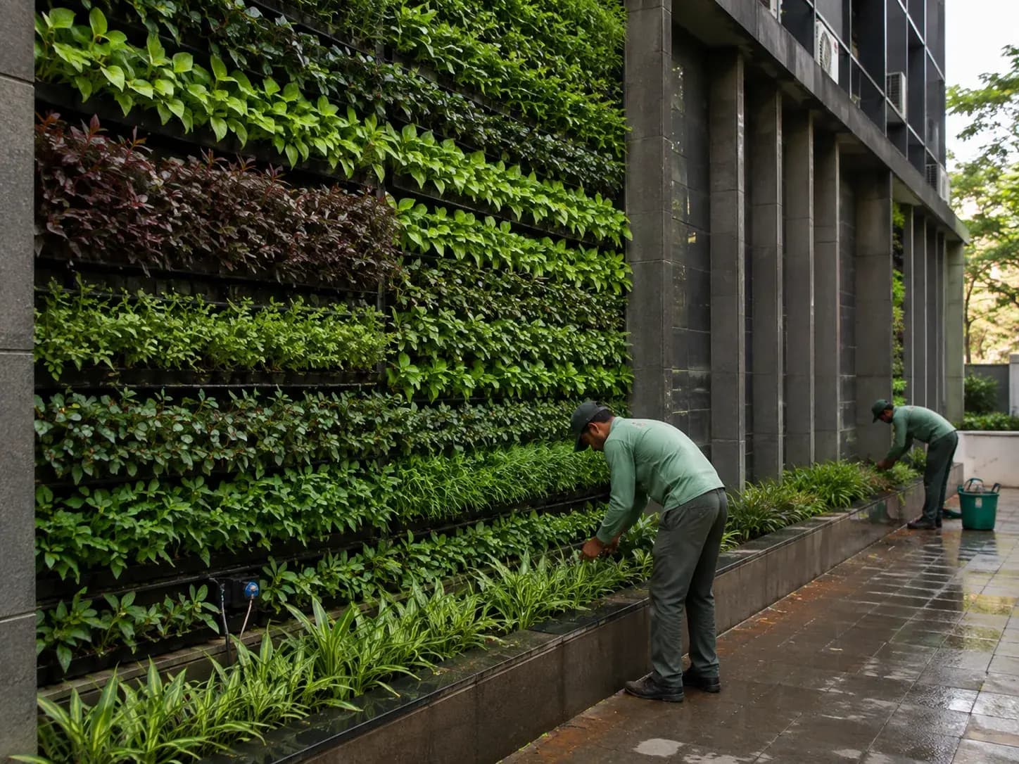 lush green wall and vertical garden with integrated drip irrigation on a modern