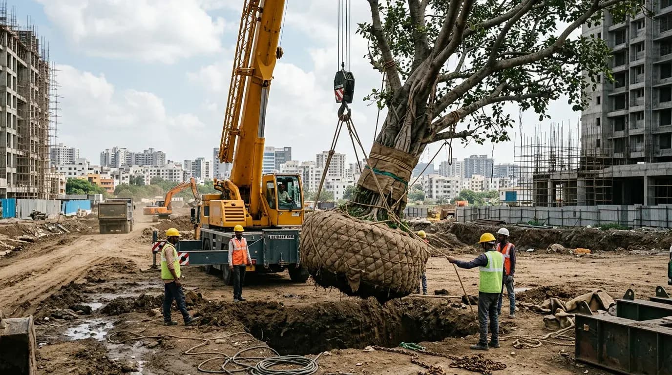 large mature tree being transplanted with a hydraulic crane