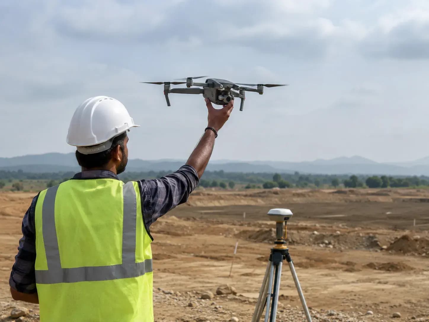 technician launching a survey drone over an Indian project site to capture aeria