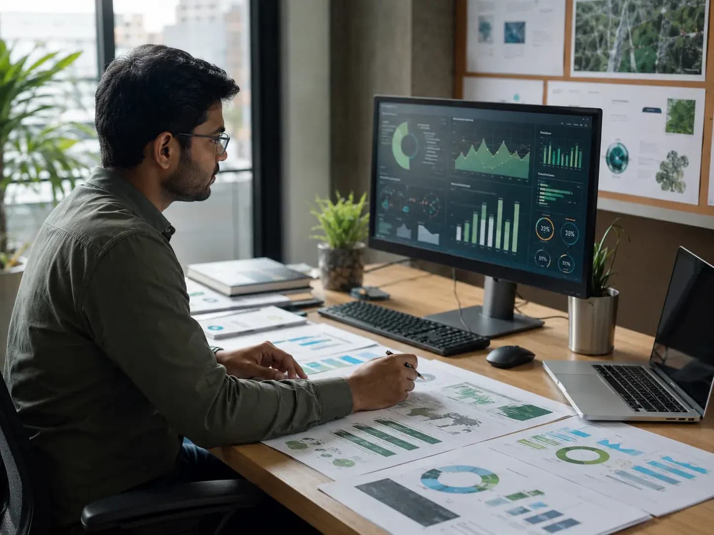 sustainability analyst reviewing an ESG and carbon dashboard with printed report