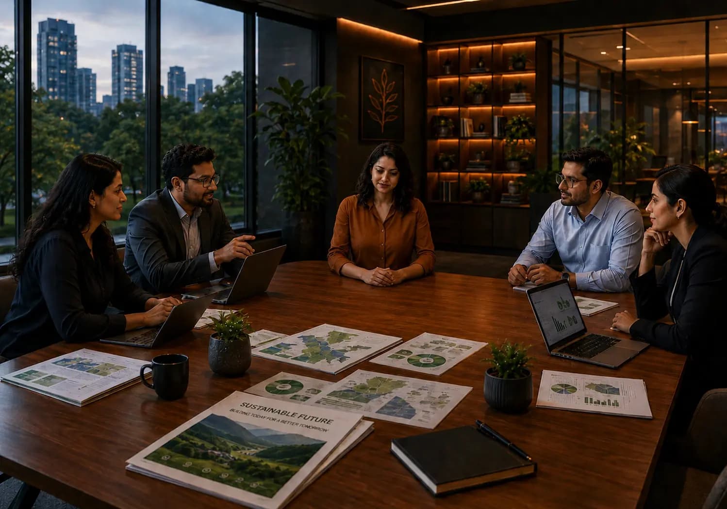 A project team around a boardroom table reviewing environmental assessment data and site maps