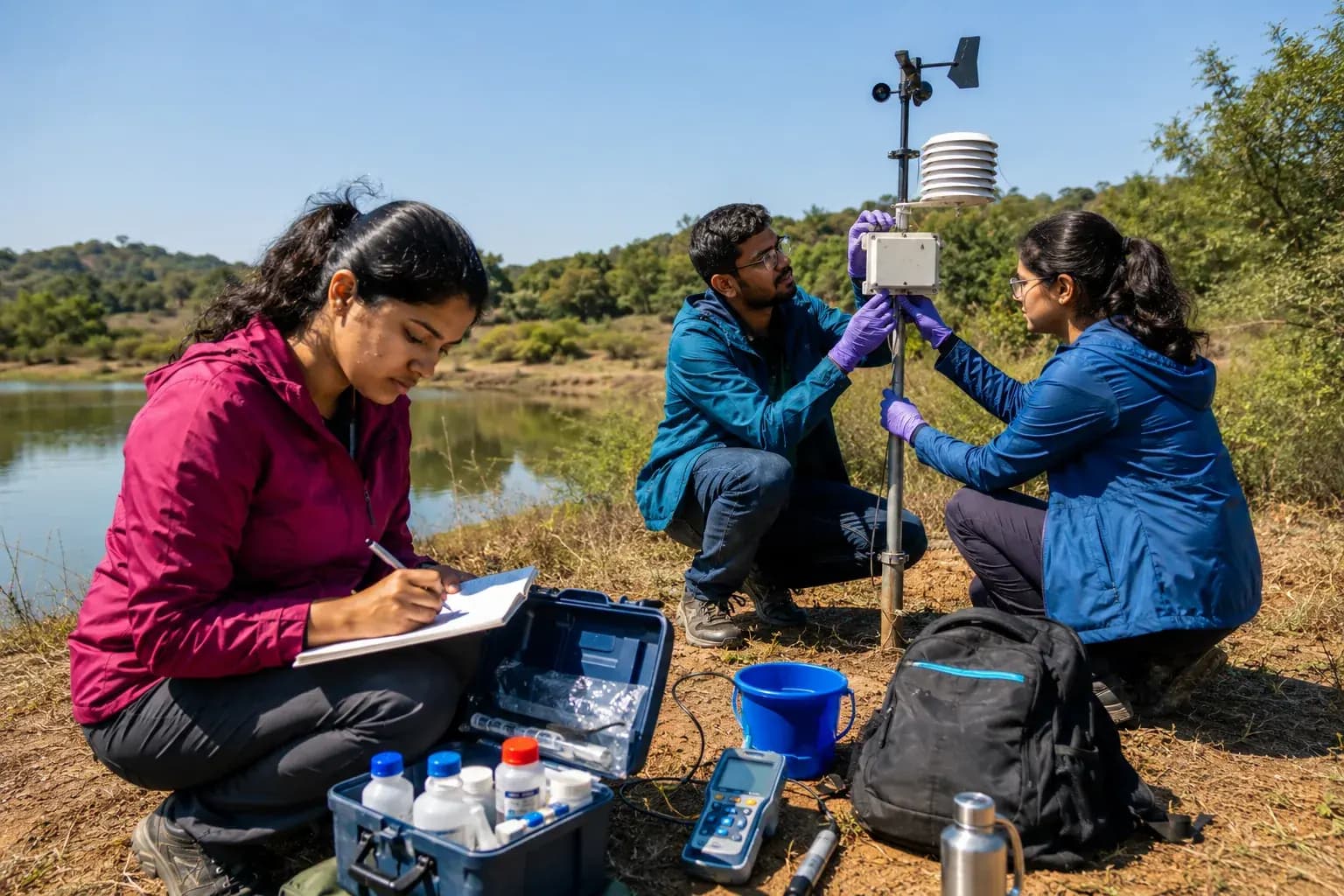 Field scientists setting up a monitoring station on a lake shore