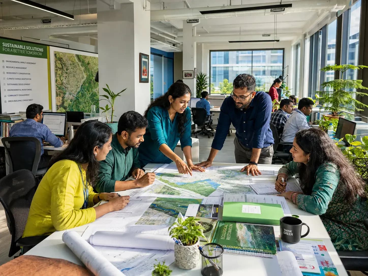 Planning team working over large printed site maps in a studio