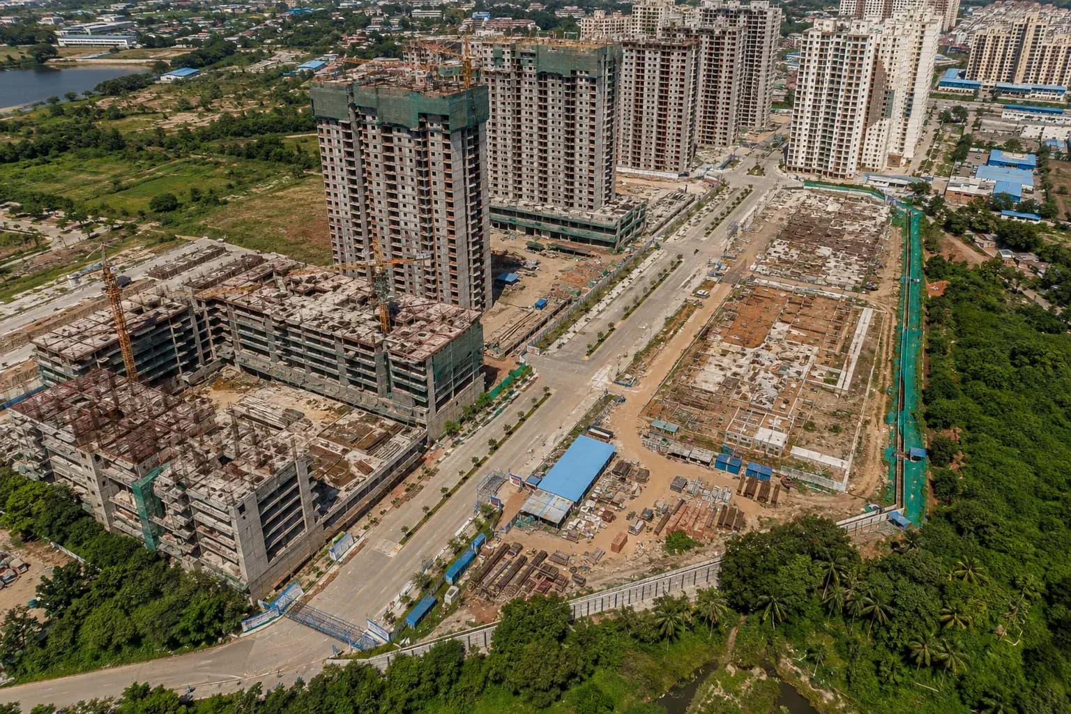 Aerial view of high-rise residential towers under construction