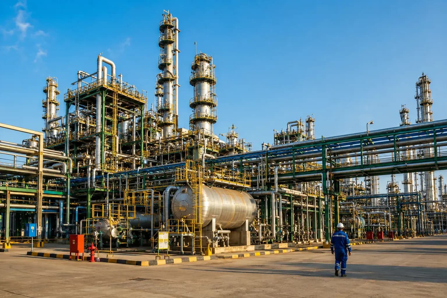Refinery process units, columns and pipe racks under a clear sky