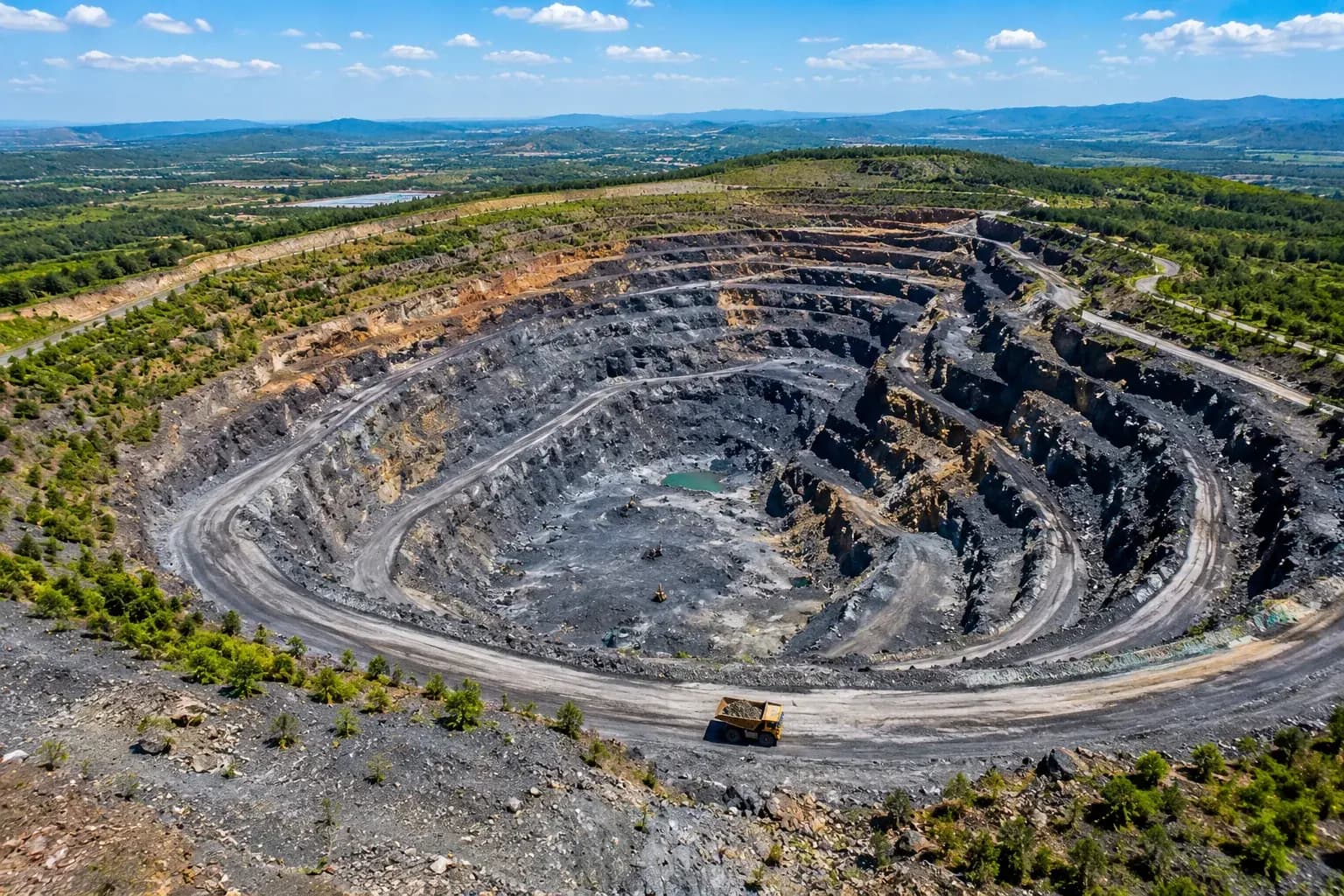 Aerial view of a terraced open-pit mine