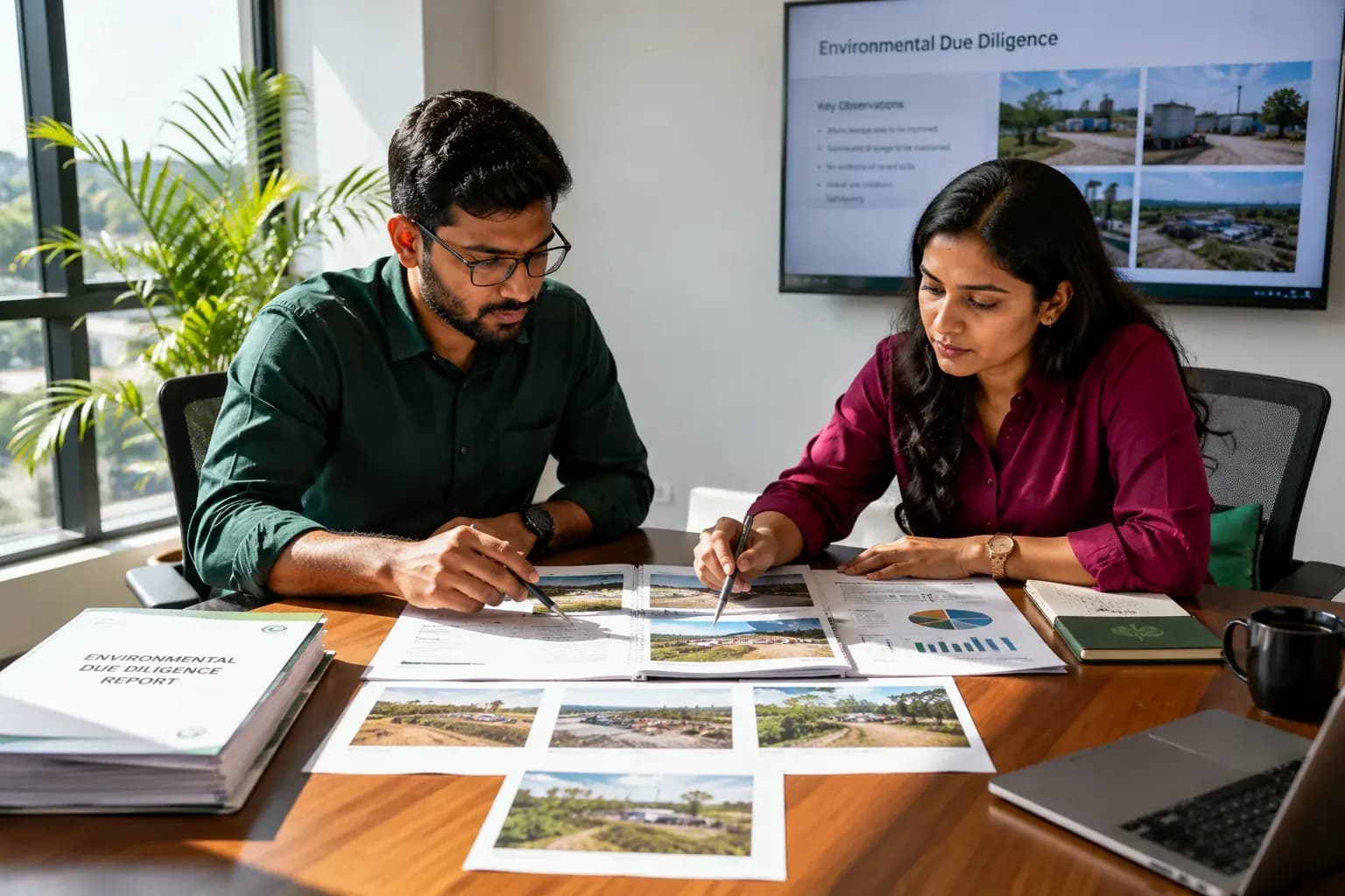 Two consultants reviewing an environmental due diligence report and site photographs