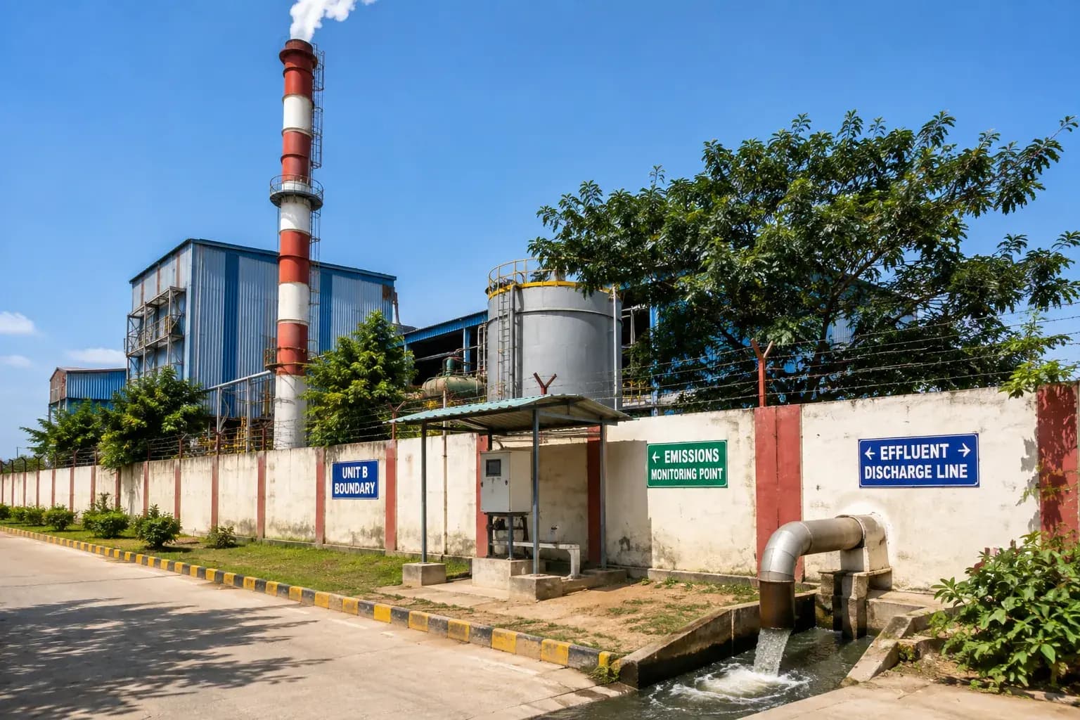 Plant boundary with signed emissions monitoring point and effluent discharge line