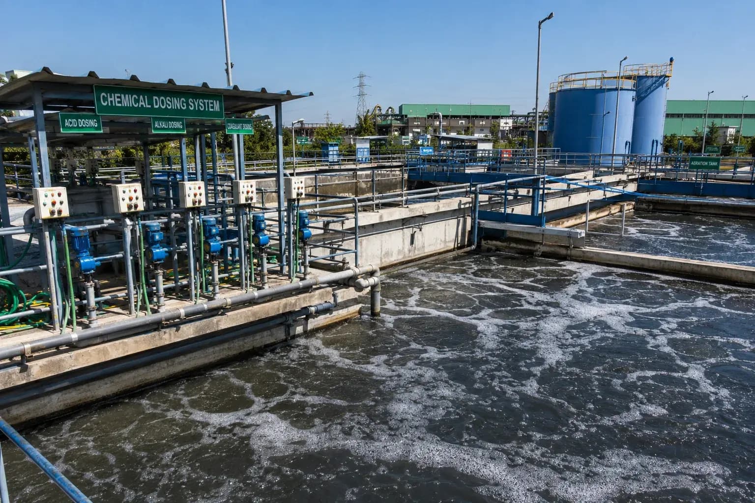 Chemical dosing system beside the aeration basin of an effluent treatment plant