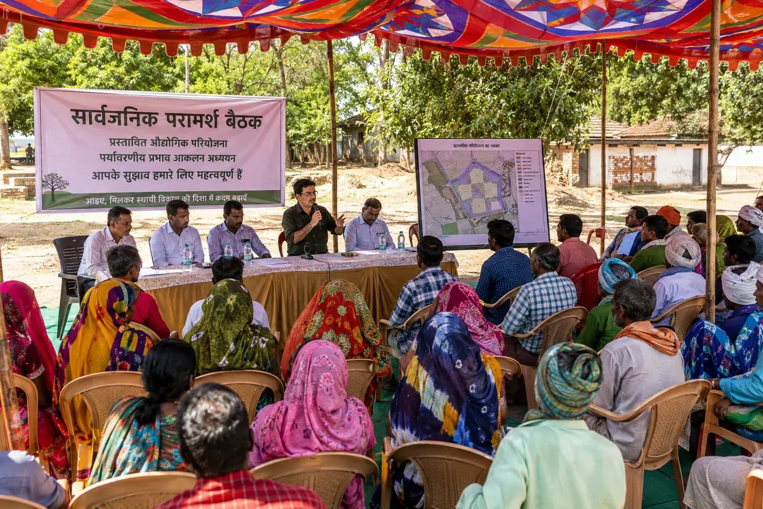 Public consultation meeting for a proposed project, held under an open marquee