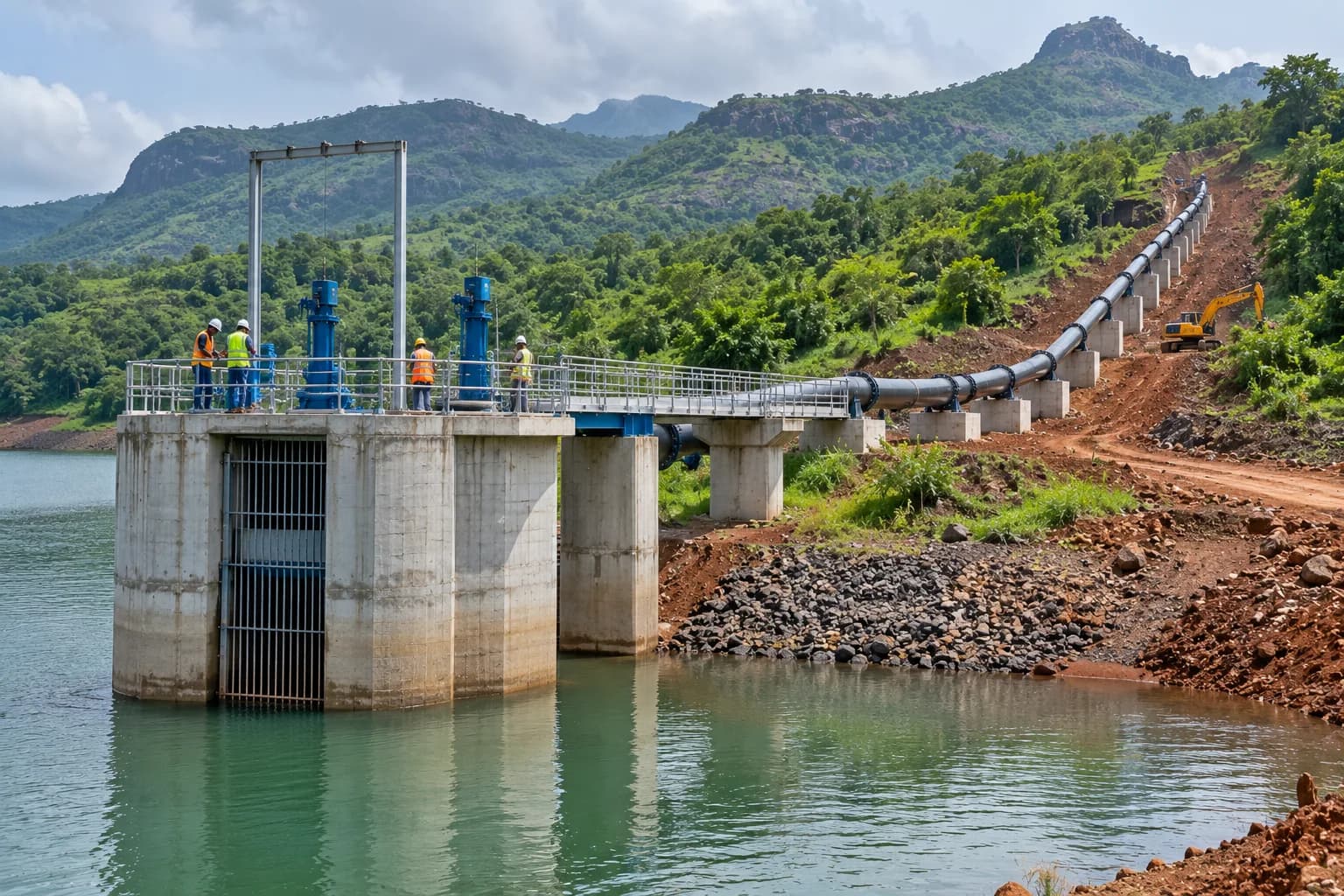 An intake structure at a reservoir edge in forested hills, with the rising main climbing away from it on pipe supports