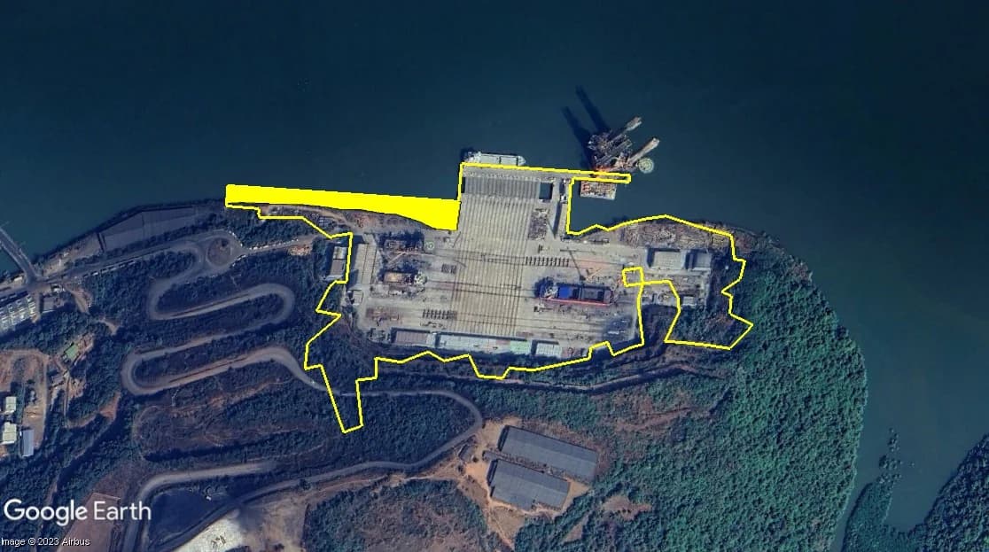 The Chowgule Lavgan site from above with the plot boundary and the proposed 360 m jetty marked in yellow