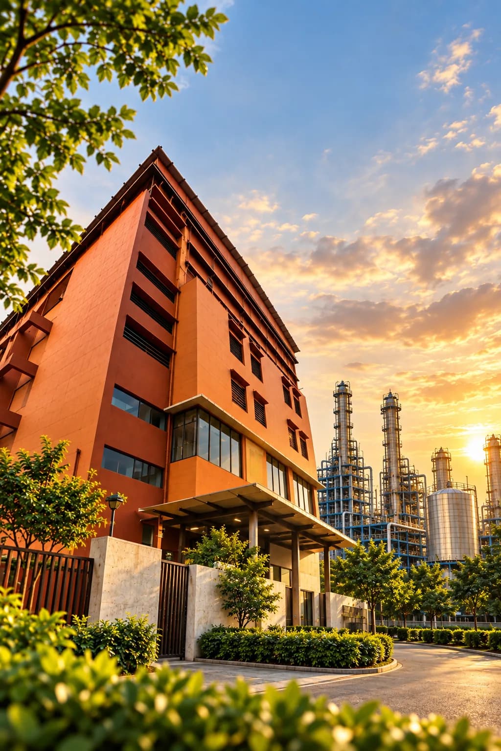 A chemical plant's administrative block in terracotta, with process columns beyond at sunset