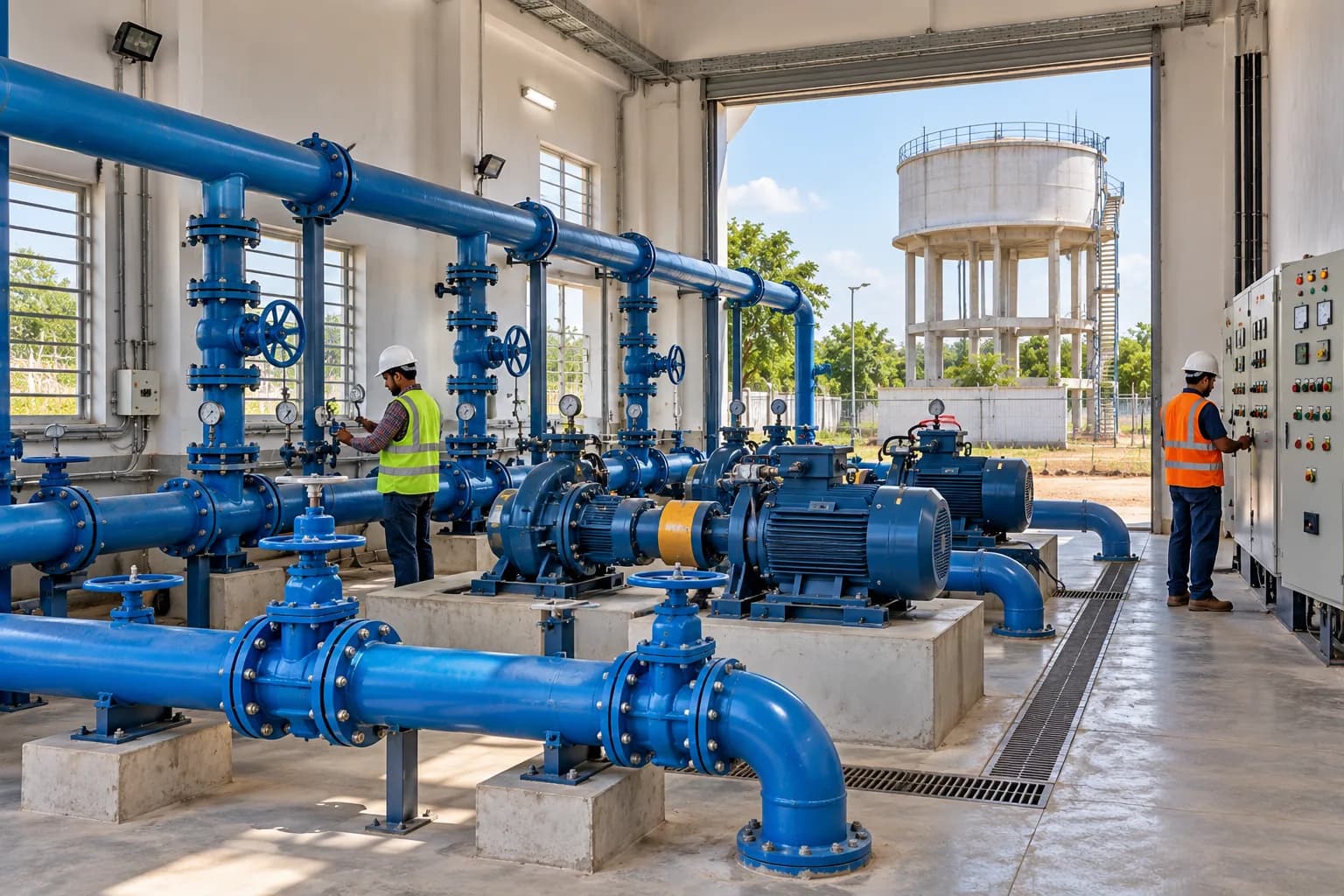 The interior of a new pump house: pumps on plinths with painted steel suction and delivery headers, valves and a control panel, an elevated service reservoir through the opening