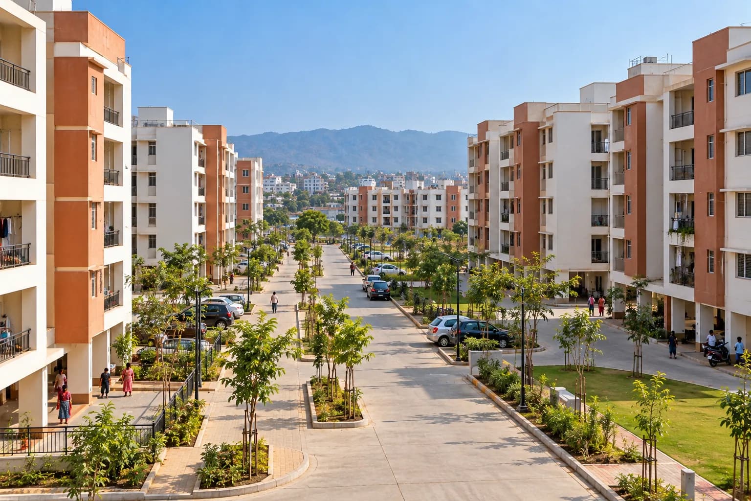 A completed public housing development: mid-rise blocks in white and terracotta around a landscaped internal road, young avenue planting, hills beyond