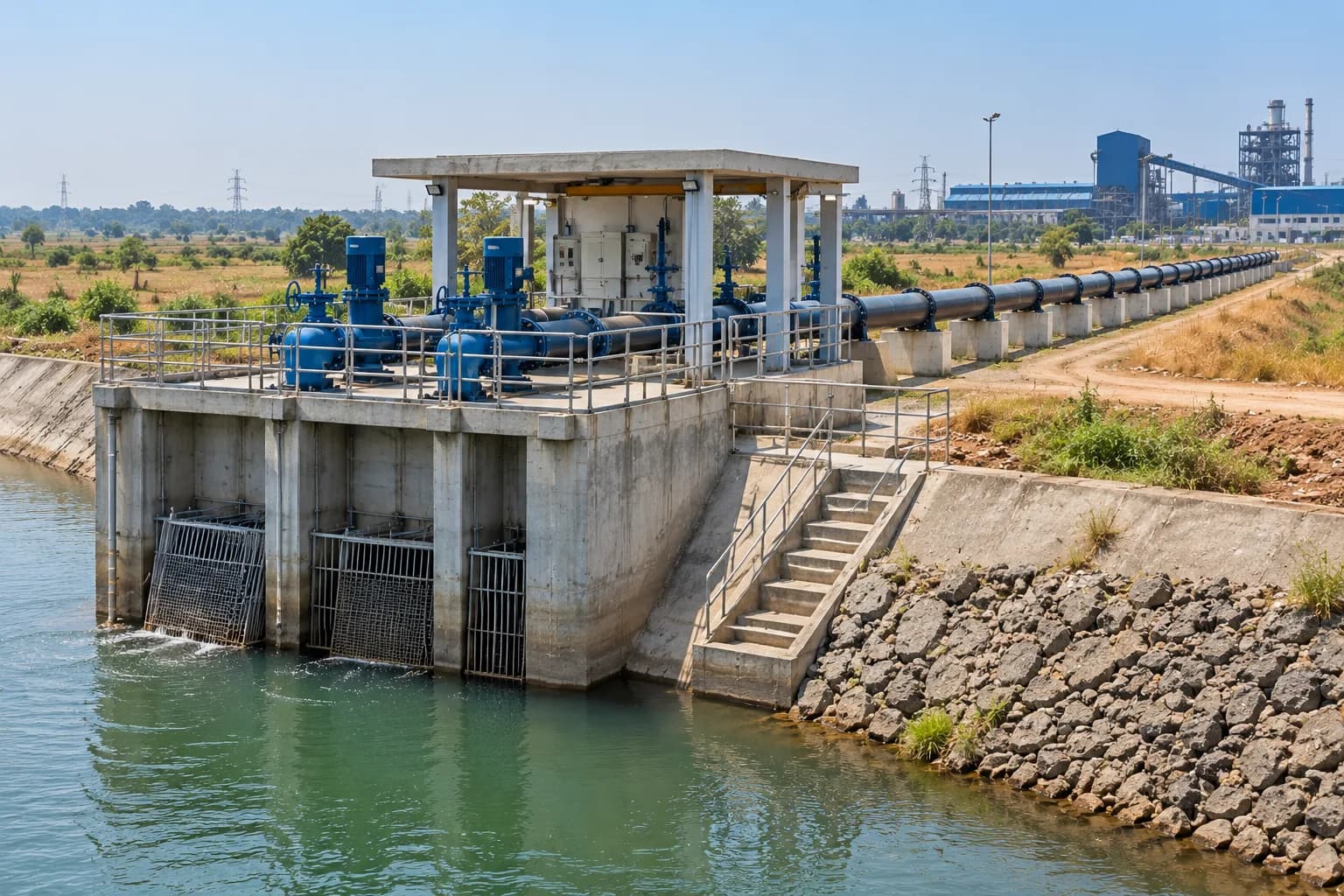 A concrete intake structure on a canal with valve gear above it, a pipeline running away toward an industrial works in the distance