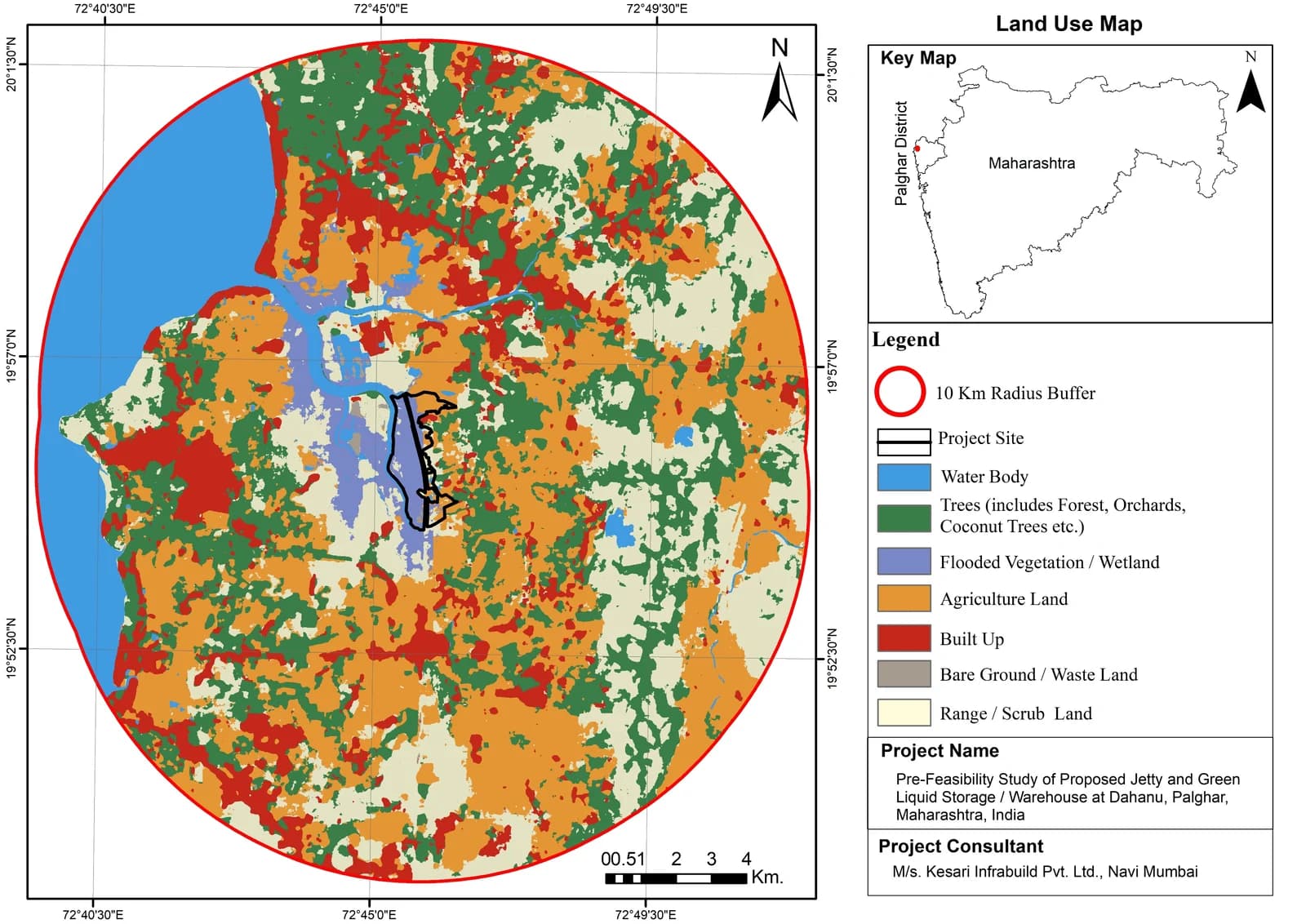 Land-use map of the 10 km study area around the Dahanu site, classified into water body, trees, wetland, agriculture, built up, bare ground and scrub