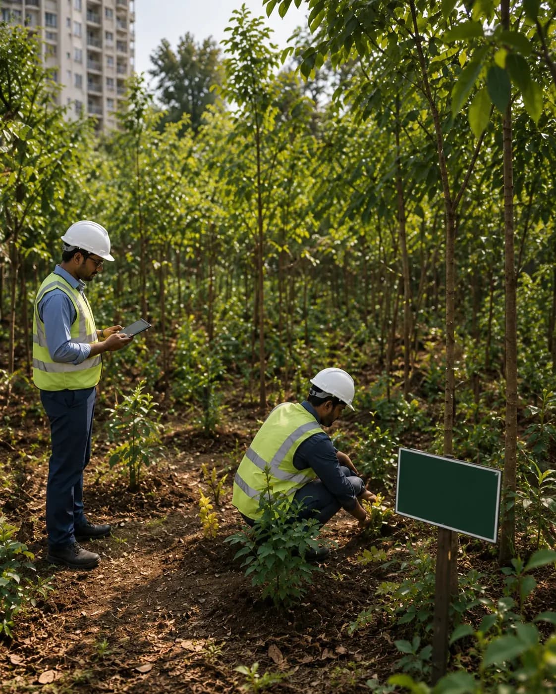 Two people in hi-vis recording sapling data in a young Miyawaki plantation