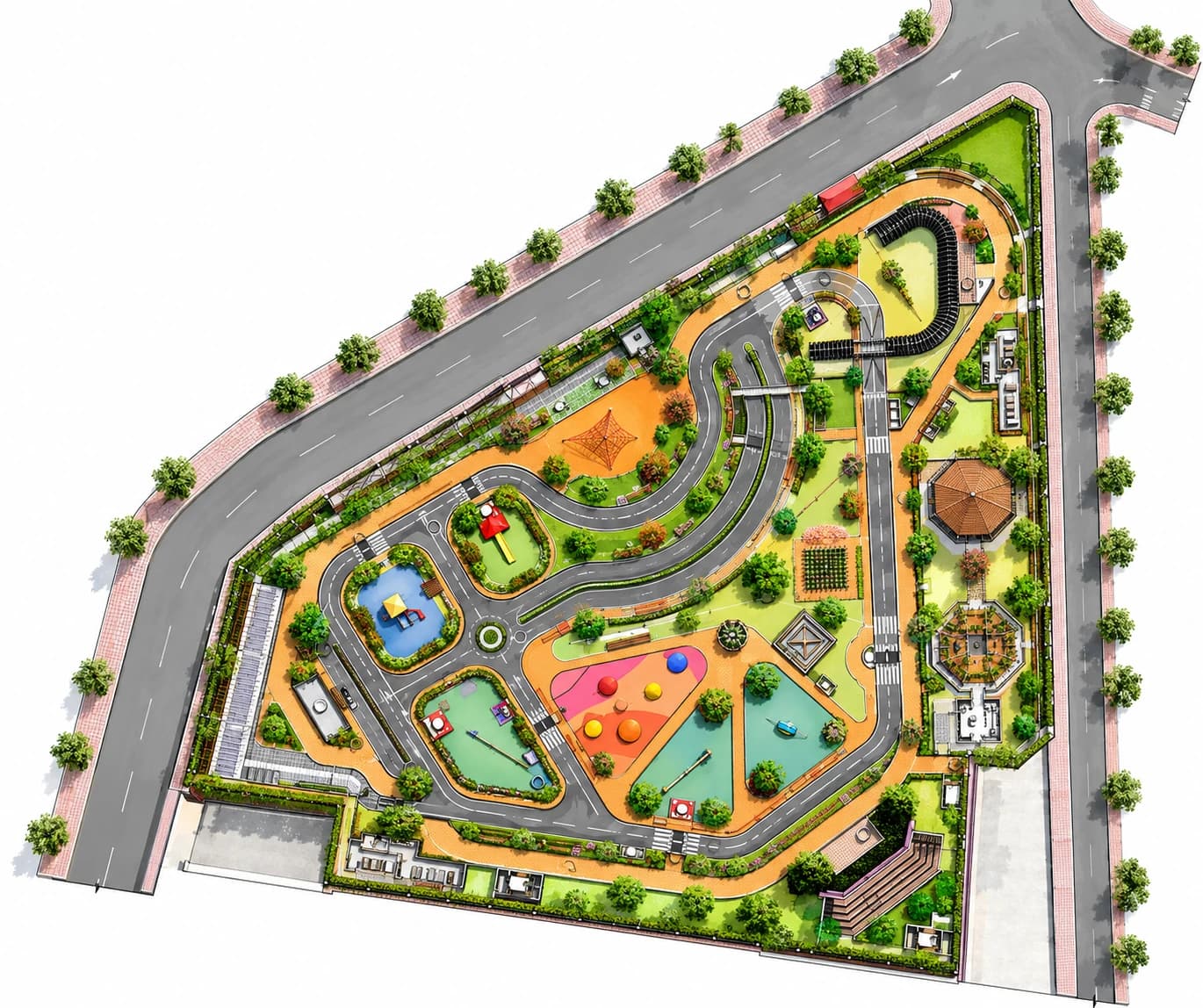 The master plan for the Children's Traffic Park at Kharghar: a miniature road network with junctions, crossings and a roundabout winding between play areas, a pavilion, planting and parking