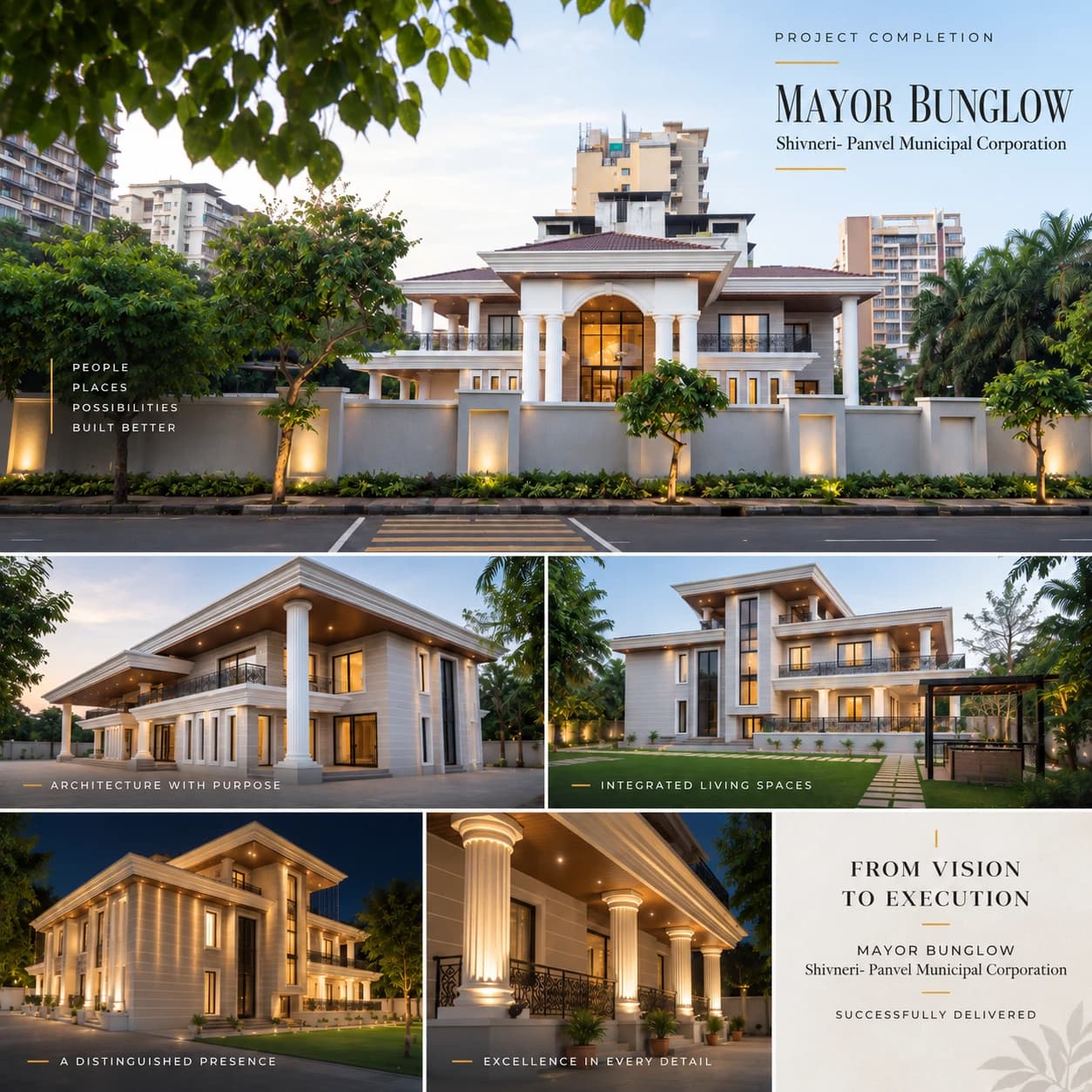 A completion panel for the Shivneri Mayor's Bungalow, Panvel Municipal Corporation, showing the finished residence by day and by night under the headings architecture with purpose, integrated living spaces, a distinguished presence and excellence in every detail