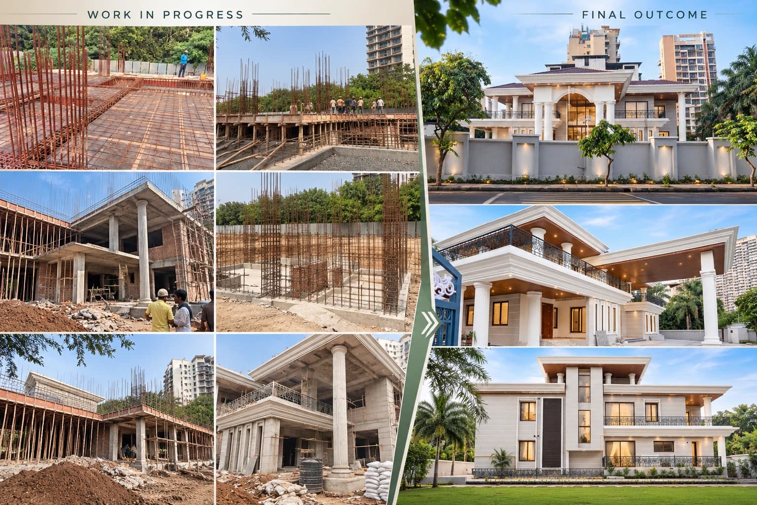 A panel setting construction photographs of the Shivneri Mayor's Bungalow (reinforcement, columns and the frame going up) beside the finished building, captioned work in progress and final outcome