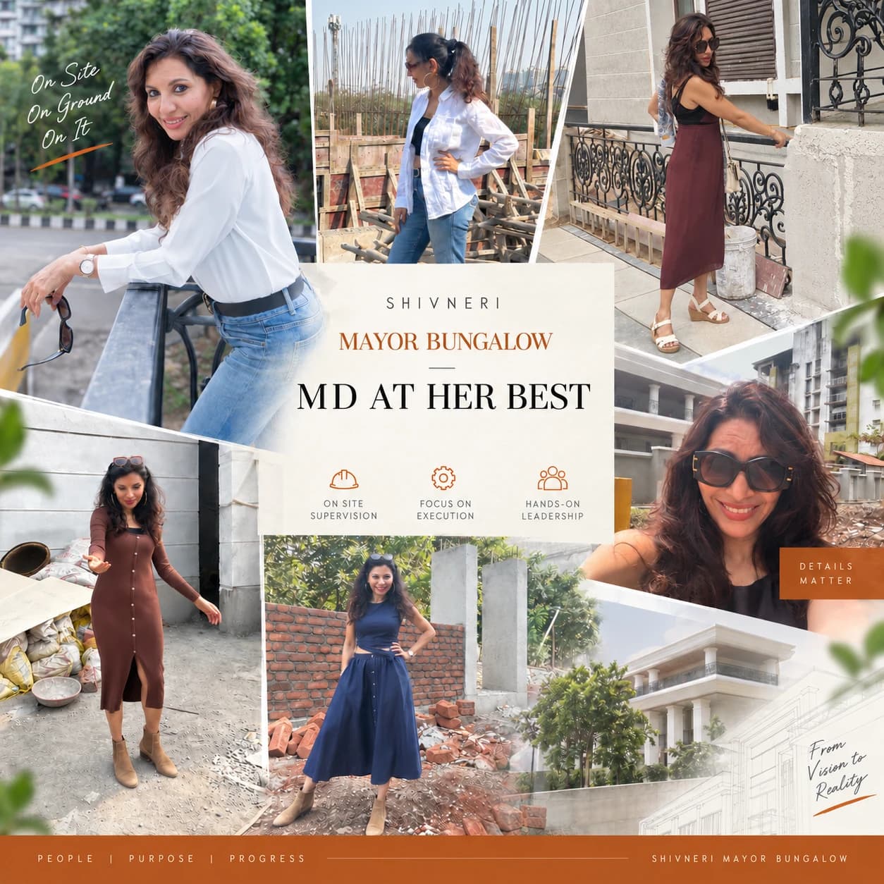 A panel headed MD at her best, showing the managing director on site at the Shivneri Mayor's Bungalow, captioned on site, on ground, on it, with on-site supervision, focus on execution and hands-on leadership