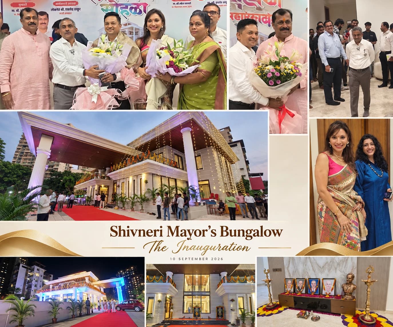 A panel headed The Inauguration of the Shivneri Mayor's Bungalow, 10 September 2026: the building lit for the evening, guests being received with bouquets, and the lamp lit inside